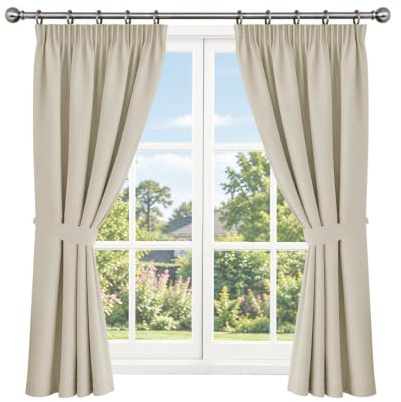 Aspire Homeware Pencil Pleat Blackout Curtains, Cream W46” x L54” 2 Panels | Curtains for Living Room 54 Drop, Thermal Curtains, Heat Blocking Soundproof Curtains, 2 Panels with Tiebacks