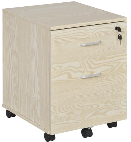 Vinsetto 2-Drawer Locking Office Filing Cabinet w/5 Wheels Oak Wood Grain | Rolling Storage, Hanging A4, Cupboard, Home Organisation