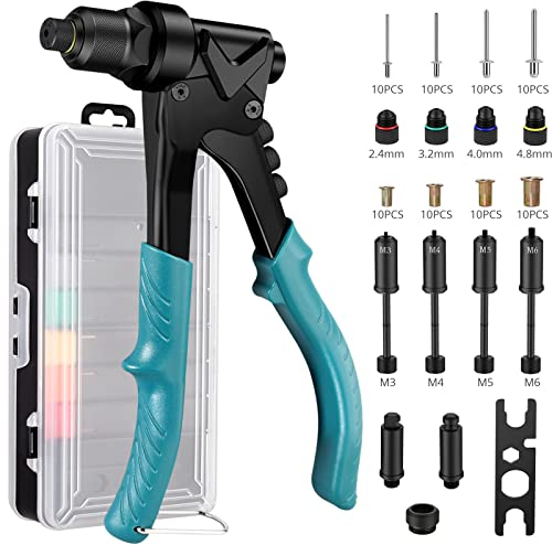 AUTOUTLET Pistolet à Écrou à Riveter 3 en 1 Kit 10 Pince Écrou Rivet Professionnel 4 Mandrins Interchangeables 40PCS Écrous M3 M4 M5 M6 40PCS Rivet 2.4 3.2 4.8 4.0 6.4