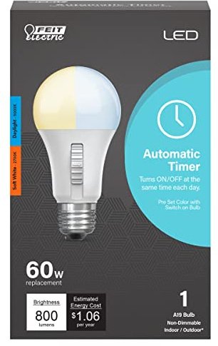 Feit Electric LED Color Selectable Timer Intellibulb - A19 with an E26 Medium Base Light Bulb - 60W Equivalent - 15 Year Life - 800 Lumen - 2700K Soft White and 5000K Daylight