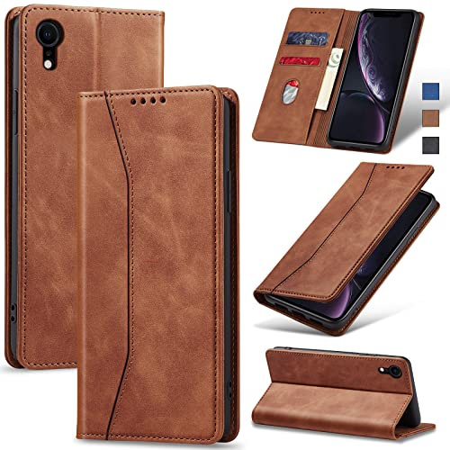 Jasonyu Case for iPhone XR Leather Wallet Flip Cover with Card Holder,Kickstand, Magnetic Closure,TPU Shockproof Phone Case Compatible with iPhone XR (Brown)