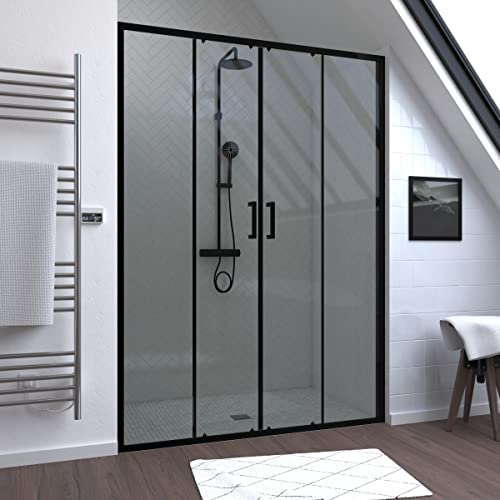 Porte de douche Double Coulissant 140x200 cm - Verre transparent - Profilé Noir - CRUSH