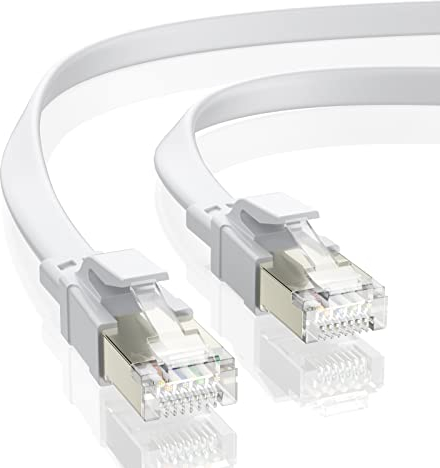 BAHIWOM Câble Ethernet Cat8 1m, 40 Gbps 2000MHz LAN Gigabit RJ45 plaqué or, câble de raccordement plat haut débit pour routeur, pour commutateur, pour ordinateur portable, pour TV -blanc