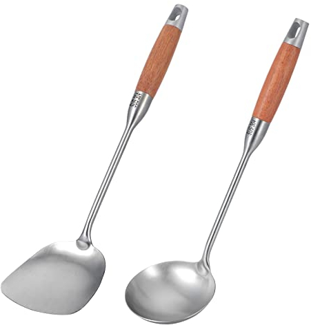 TsunNee Küchenhelfer-Set aus Edelstahl, Wok-Spatel und Suppenkelle aus 304 Edelstahl, mit langem hitzebeständigem Holzgriff, 2-teilig