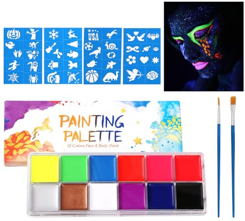 Face & Body Painting kit,Kinderschminke Set,Gesichtsfarbe Bodypainting Set,Halloween Gesichtsbemalung,12 Farben 20 Schablonen mit 2 Pinsel für Maskerade Halloween, Karneval