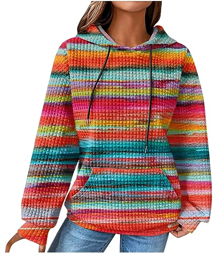 EMATOP Damen Baumwolle Hoodie Causal Langarm Kapuzenpullover Herbst Winter Warm Pullover Vintage Bunte Print Sweatshirt mit Kapuze Pulli Oberteile Mode Waffel Kapuzenpulli mit Taschen Outwear