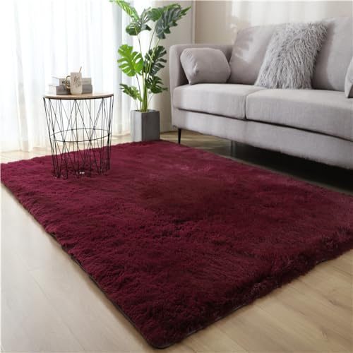 Treer Alfombra de Pelo Largo para Salón, Alfombras Dormitorio Modernas Lavables Antideslizante, Alfombra Shaggy Pasillo Grandes, Esponja Alfombra área para Habitacion (160x200cm,Rojo Burdeos)