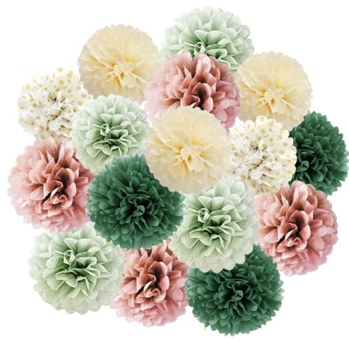 16 Stück Pompons Deko Salbeigrün Rosa Olivgrün Beige Seidenpapier Pompoms Grün Rosa Sage Green Party Deko für Brautparty Babyparty Geburtstagsdeko Grün Rosa Rustikale Hochzeit Salbeigrün