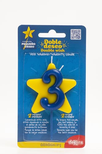 dekora - Vela Cumpleaños Solidaria | Velas Especiales de Estrella - Velas Doble Mecha Fundación Pequeño Deseo - Número 3