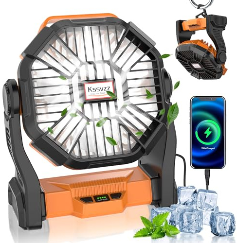 Kssvzz Portable Camping Fan with LED Light-20000mAh Rechargeable Battery Powered Fan, 270°Pivot USB Desk Table Quiet Fans with 4 Speed, 9’’ Battery Operated Tent Fans for Travel, Picnic (Orange)