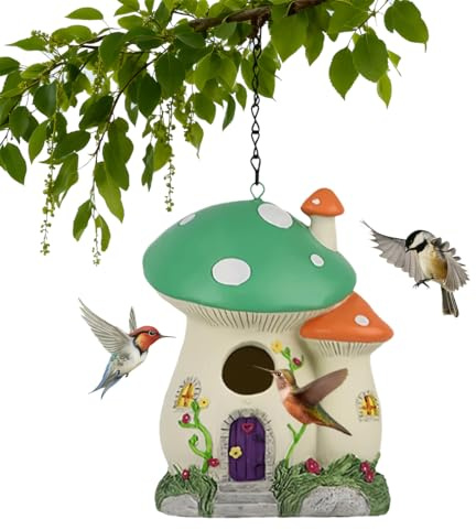 Bluebird Houses for Outside, Bird Houses for Outside, Mushroom Cute Resin Birdhouses for Outdoors, Weatherproof Courtyard Decorated Hanging Bird House, Nesting Bird House, Gift for Bird Lovers (Green)