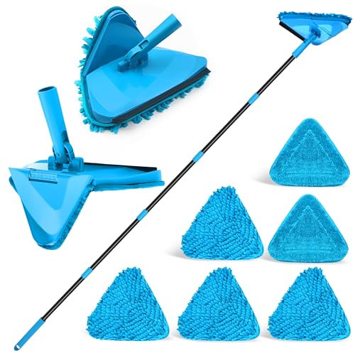 NEWE Mocio Triangolare Allungabile con Manico Lungo 202 cm e Tergivetro, Mop Lavapavimenti Pieghevole a 180°, Pulizia Pavimenti con con 6 Tamponi in Microfibra Ciniglia per Pareti (Blu)