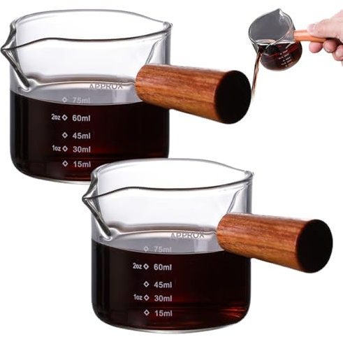 Liummrcy 2Pcs Espresso Shot Glass 100ML Espresso Measuring Cup Clear Oz/ML Scale Espresso Shot Cups with 2 V Spouts ＆ Wood Handle Espresso Pouring Cup, Shot Glasses