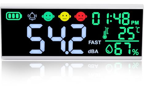 Decibel, misuratore di livello sonoro con display LCD da 13 pollici, lettore dB ad alta precisione per suono, temperatura, allarme umidità e indicatori codificati a colori, misuratore SPL per uso