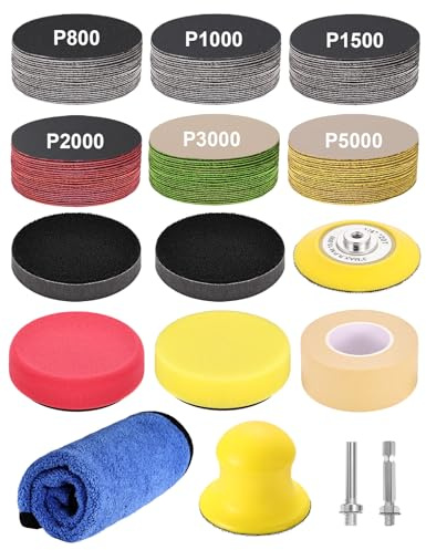 Wewink plus Kit Rénovateur Phare Voiture 130 Pcs, Rénovation Phare Auto et Moto, Disques Abrasifs 75mm à l'Eau et à Sec (Grains 80-5000), Kit Polissage avec Adaptateur Perceuse et Ruban de Masquage