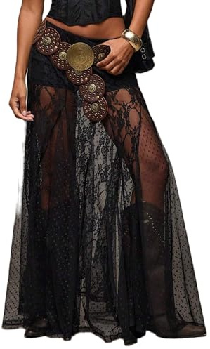ensswliz Women Tiered Sheer Lace Maxi Skirt High Waist See Through Floral Mesh Long Skirt Clubwear Party Flowy A-Line Skirt (B-Black, M)