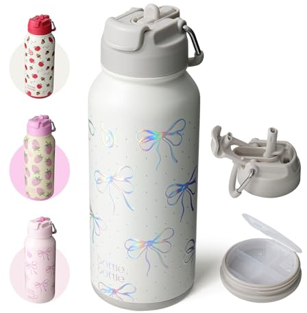 BOTTLE BOTTLE gourde isotherme sport inox 32oz, paille, boîte à pilules | bling bow, pour le bureau, le sport et le voyage, garde la glace 24h
