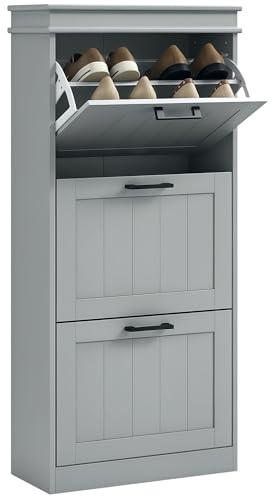 HOMCOM 3 Flip Drawers Narrow Shoe Cabinet, Adjustable Shelves, Grey