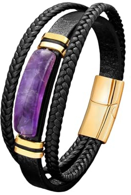 Bracciale Da Uomo In Pelle Con Protezione In Pietra Naturale, Cinturino In Pelle Intrecciata Multistrato Con Chiusura Magnetica, Bracciale Unisex Avvolgente Per Regali Di Festa, Ametista-Oro 21 Cm
