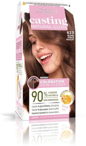 L'Oréal Paris L'Oréal Paris Permanentes Haarfärbe-Set, ultra-glänzende Farbe, ohne Ammoniak, 90 % Inhaltsstoffe natürlichen Ursprungs, natürlicher Glanz, Farbton: dunkles Nougatblond (623)