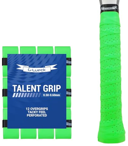 G-Lueck 12er Set Tennis Overgrip Talent Grip mit Perforation | 0,50-0,60mm Stärke | Griffband für Squash Badminton Schläger mit Selbstklebendem Abschlußband | sehr griffig, Anti-Rutsch (Neon-Grün)