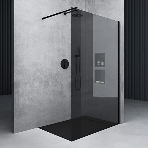 Mai & Mai Paroi de Douche Fumée 80x200 Douche à L'italienne Gris Teintée BR1VG Verre 8mm avec Revêtement Nano Easy Clean Stabilisateur Rond Noir