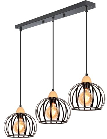iDEGU 3 Luces Lámpara Colgante Vintage Lámpara de Techo en Madera y Metal Industrial Lámpara de Araña Diseño Jaula Retro Iluminación E27 Luz Colgante para Sala de Estar Cocina Salón (Barra, Negro)