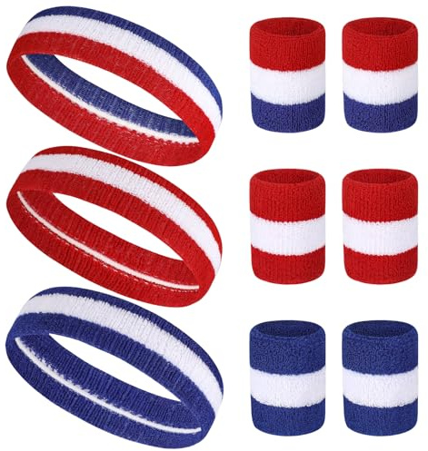 9PCS Sports Headband Wristbands, Sweat Bands Absorbent for Gym Sports Football Soccer, Soft Stretchy Striped Headband and Wrist Sweatbands for Girls Ladies Boys