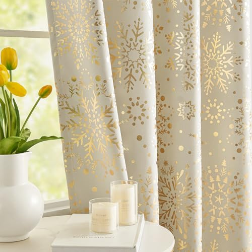 Beige Gold Blackout Curtains for Living Room Bedroom 90 inch Long Thermal Insulated Snowflake Design Medallion Curtain Panels for Kids Room Xmas Holiday Nursery Energy Saving Curtains for Winter 2pcs