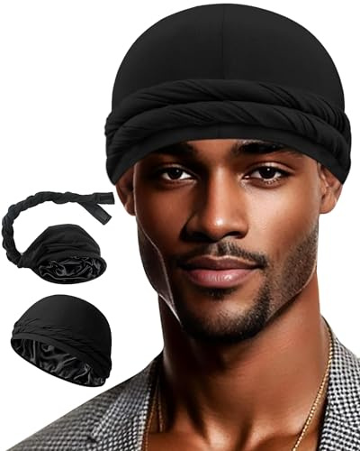 Babalet Durag turbante con forro de satén mejorado para hombres y mujeres, gorro de dormir preatado para la pérdida de cabello, 1 unidad, color negro, Talla única