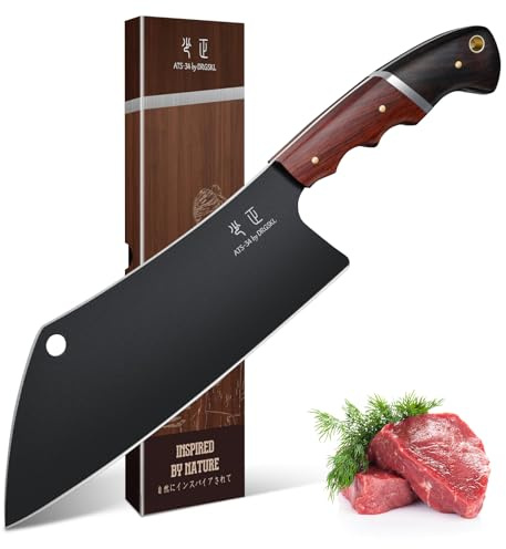 DRGSKL Meat Cleaver Knife 8inch - Black Butcher Knife for Meat Cutting, Japanese High Carbon Steel Vegetable Cleaver for Chopping, Kitchen Cooking Knife with Wooden Handle, Gift for Men