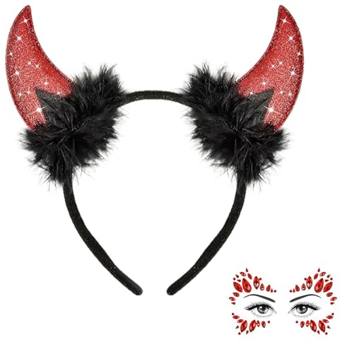 AIEDECOPT Serre-Tête Cornes Diable Pailletées avec Bijoux Visage, Diables Oreilles Bandeau Halloween, Bandeau de Diables, pour Halloween Déguisement Cosplay Accessoires Costume Diable (B)