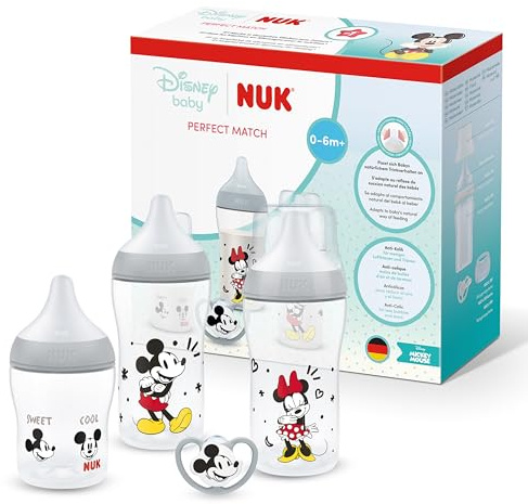 NUK Perfect Match Set Biberons & Tétine Nouveau-Né | 0-6 Mois | 3 Biberons Anti-Colique (150 ml, 260 ml), 1 Tétine Perfect Match Air | Disney Mickey Mouse | Lot de 4