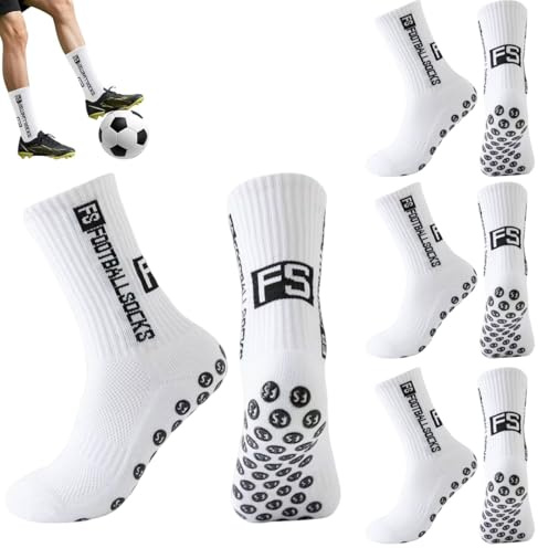 HABNI Calcetines Antideslizantes Futbol 4 Pares Blanco Talla 33-39 Niños Deportivos Baloncesto Rugby Tenis