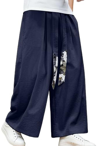 Pantaloni da uomo a gamba larga Hakama Kung Fu Pantaloni Wushu Kimono Pantaloni larghi cinesi morbidi pantaloni da yoga Hip Hop Baggy pantaloni per il tempo libero taglie forti, Blu mare, L
