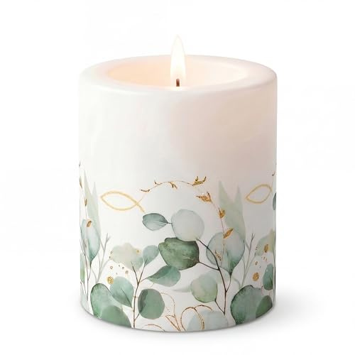 Round Candle Eucalyptus Border Fish as Table Decoration Pillar Candle Motif Ichthys for Communion Confirmation Christening Wedding Church First Communion Celebration Diameter 8 x Height 9 cm