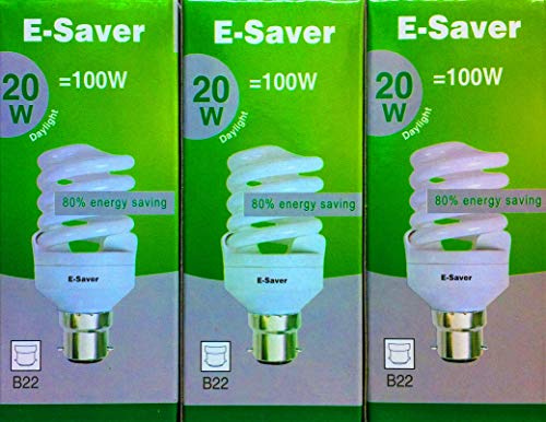 E-Saver - CFL Full Spiral - Energy Saving Light Bulbs -20w = 100 Watt - (Pack of 3) - Daylight 6400k – Bayonet Light Bulb (B22- B22d) - Great for SAD - Snooker, Pool, Hobbies, Crafts, Photography