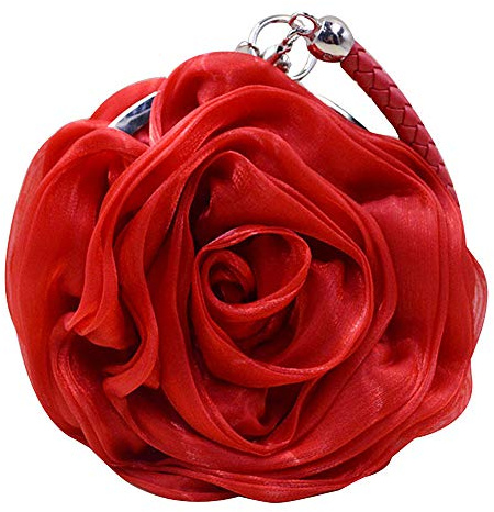 Goclothod Women Rose Shaped Clutch Soft Satin Wristlet Handbag Wedding Party Purse Red