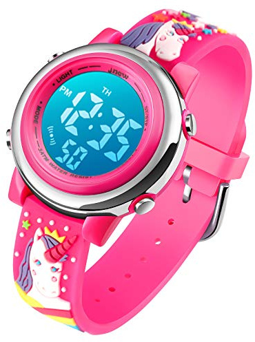 Kids Digital Sport Waterproof Watch for Girls Boys, Kid Sports Outdoor LED Electrical Watches with Luminous Alarm Stopwatch Child Wristwatch - Unicorn Red