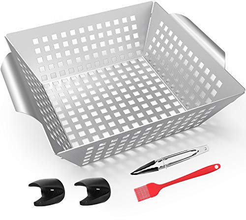 Gifort Grillkorb Edelstahl, Große Grillschale Grillpfanne Grillkörbchen Gemüse, Grillzubehör mit Kochzange, Backpinsel und Topflappen, 24 x 20 x 5 cm