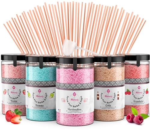 Misskandy®, Zuckerwatte Zucker (Farbstoffe ohne Azofarbstoffe) / Charge (5 * 300Gr)= 1,5kg/Erdbeere, Apfel, Marshmallow, Cola, Himbeere/zuckerwattemaschine zucker/Aromazucker + 50 Stäbchen (Free)