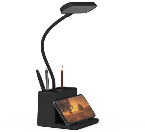 AXX Black LED Desk Lamp for Home Office Bedroom, Battery Operated Table Light for Computer Desktop, Small, Cute, Dimmable, Rechargeable, Flexible Gooseneck, Pen Holder, Phone Mount, Touch Control