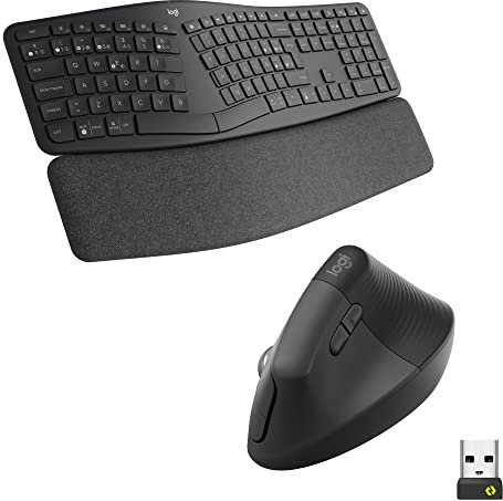 Logitech Ergo K860 Teclado inalámbrico y ergonómico - Teclado Partido y Ratón Ergonómico Lift Vertical para Zurdos, Bluetooth, USB, silencioso, Windows/macOS/iPadOS, Laptop, PC, QWERTY ESP - Gris