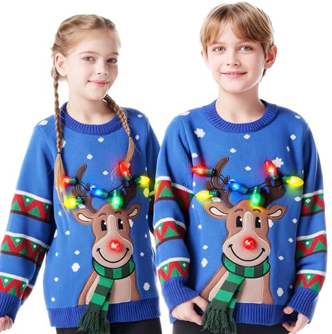 JOYIN - Jersey de Navidad feo para niños con luz LED en forma de reno, bombillas integradas para niños y niñas (azul)