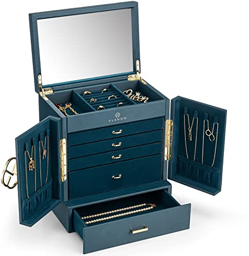 Vlando Portagioie grande, vintage, 6 livelli, organizer per gioielli, grande, XXL, con specchio, cassetti, portagioie da donna, portagioie per orecchini, collane, orologi