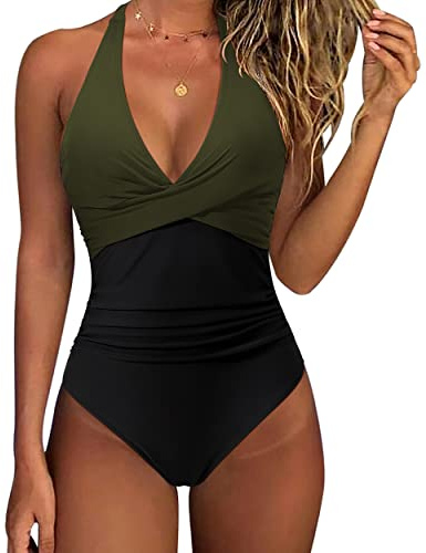 RXRXCOCO Women Cross Push Up Tummy Control One Piece Halter High Waisted Swimming Costume Swimsuits Swimwear