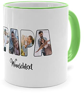 PhotoFancy® - Fototasse 'Papa' - Personalisierte Tasse mit eigenem Foto und Text selbst gestalten - Grün
