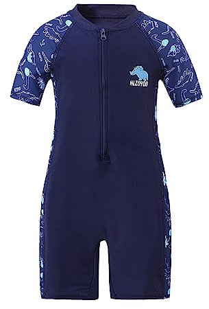 Xumplo Boys Swimming Costume Kids One Piece Swimsuit Short Sleeve Zipper Beach Swimwear Dinosaur Rash Guard Bathing Suit Dark Blue 9-10 Years