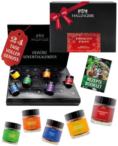 Hallingers Genuss Manufaktur Gewürz Adventskalender – 24 Gewürze & Gewürzmischungen aus aller Welt, Kochen Grillen Würzen Set, Geschenkidee für Männer Frauen, Premium Weihnachtskalender 2025