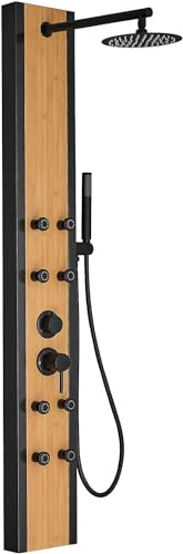 Bathfinesse Rainfall Shower Panel Shower Tower System Bamboo Wood and Stainless Steel with 8 Body Jets Massage and Adjustable Round Shower Head Handheld Wand Shower Column Wall Mount
